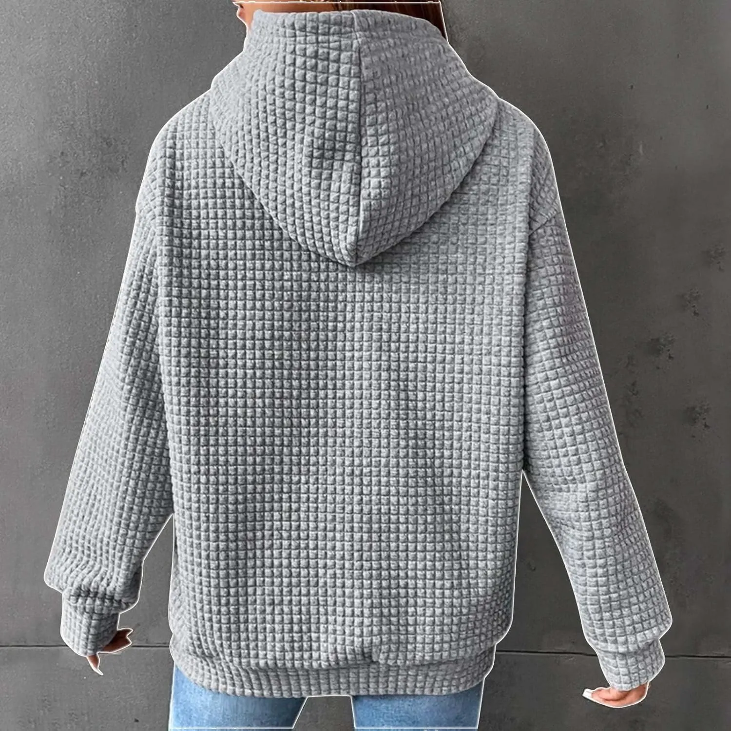 Womens Comfort Hoodies for Anxiety Casual Long Sleeve Drawstring Waffle Pullover Loose Hooded Sweatshirt with Pocket