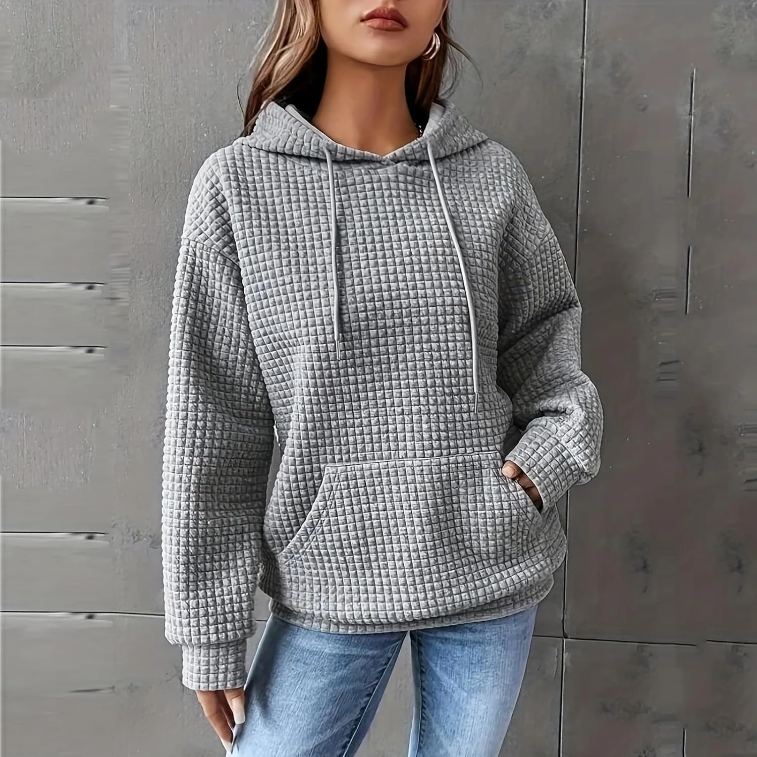 Womens Comfort Hoodies for Anxiety Casual Long Sleeve Drawstring Waffle Pullover Loose Hooded Sweatshirt with Pocket