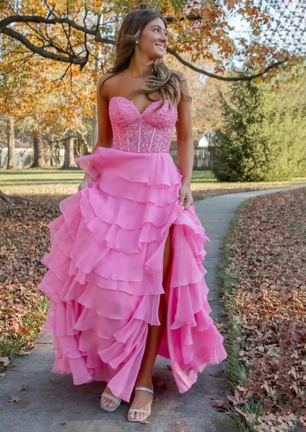 Women's Corset Strapless Ruffle Tiered Prom Dresses with Slit A Line Off The Shoulder Long Formal Gown Lace Appliques