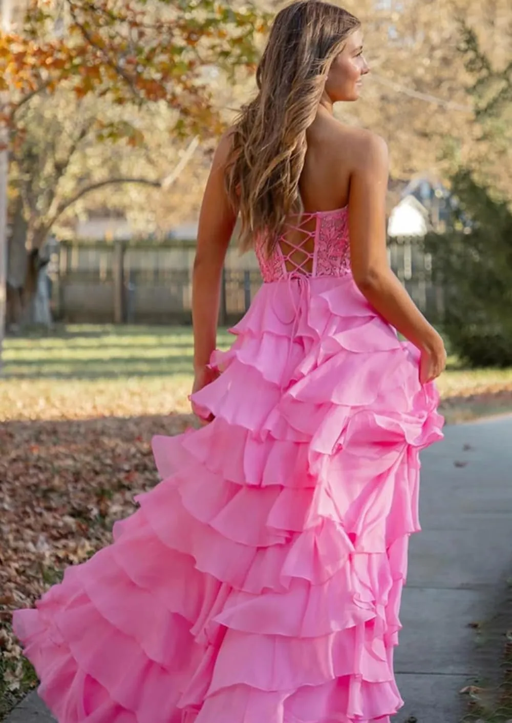 Women's Corset Strapless Ruffle Tiered Prom Dresses with Slit A Line Off The Shoulder Long Formal Gown Lace Appliques