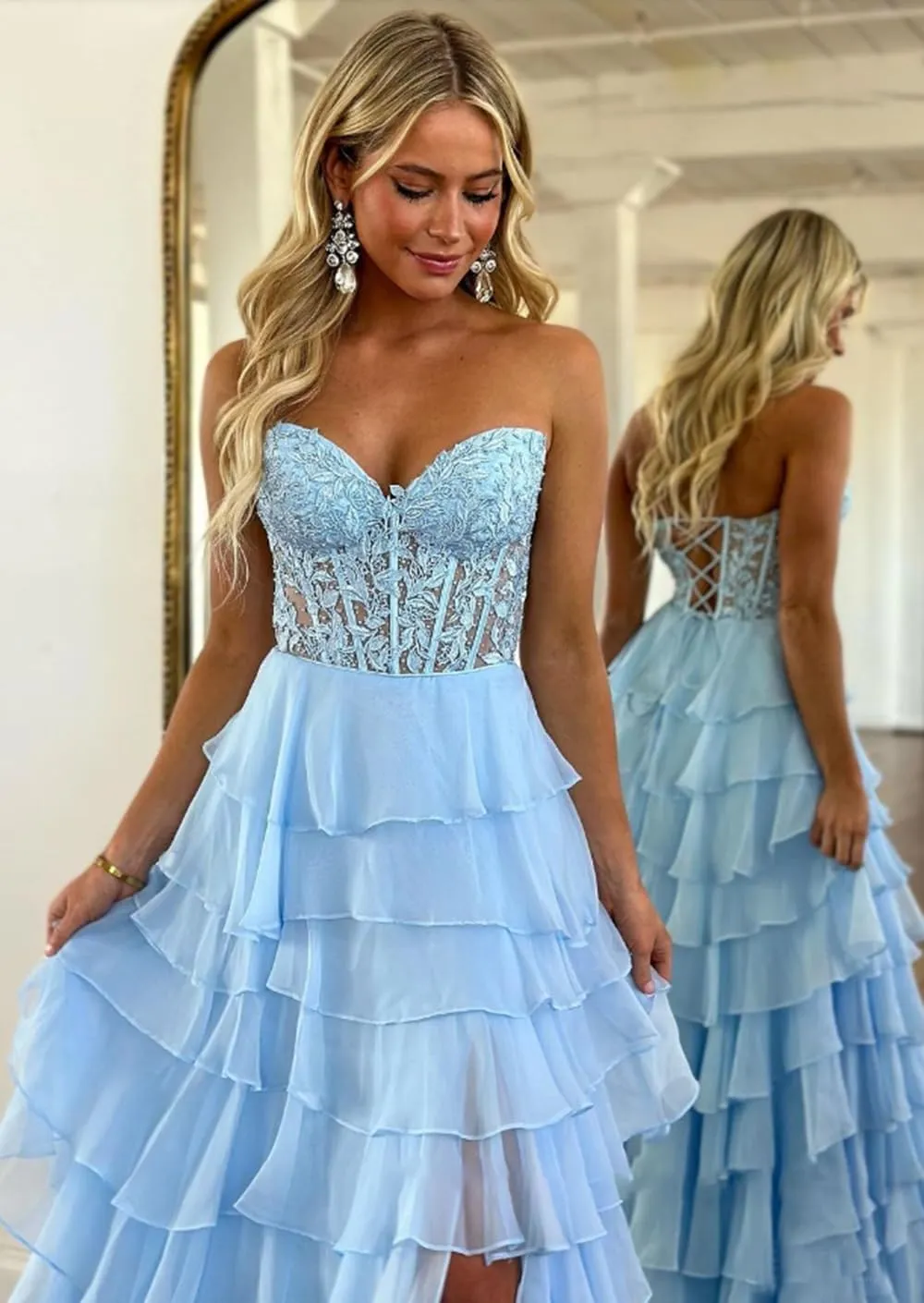 Women's Corset Strapless Ruffle Tiered Prom Dresses with Slit A Line Off The Shoulder Long Formal Gown Lace Appliques