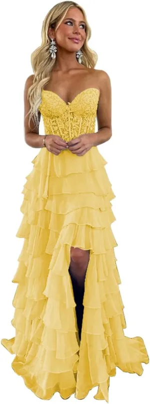 Women's Corset Strapless Ruffle Tiered Prom Dresses with Slit A Line Off The Shoulder Long Formal Gown Lace Appliques