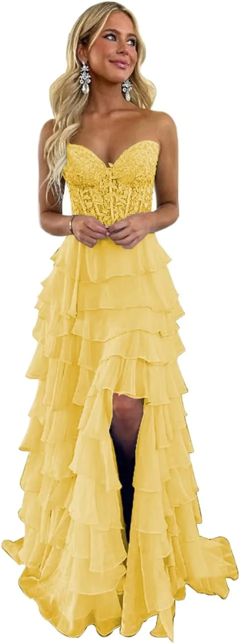 Women's Corset Strapless Ruffle Tiered Prom Dresses with Slit A Line Off The Shoulder Long Formal Gown Lace Appliques