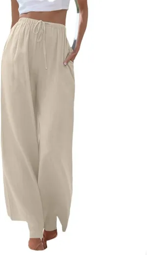 Womens Cotton Linen Palazzo Pants Casual Wide Leg Trousers with Pockets Drawstring Elastic High Waist Long Pant