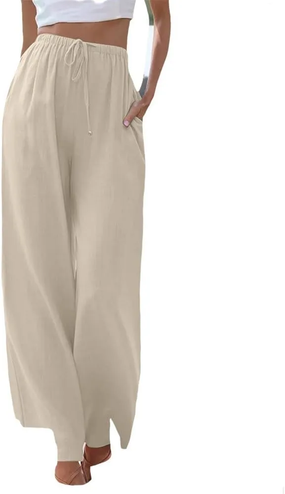 Womens Cotton Linen Palazzo Pants Casual Wide Leg Trousers with Pockets Drawstring Elastic High Waist Long Pant