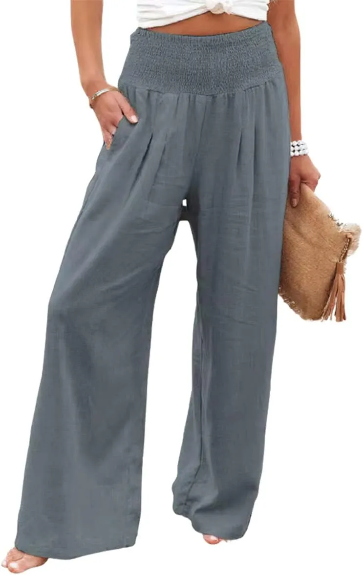 Womens Cotton Linen Pants Wide Leg High Waist Long Palazzo Trousers with Pocket