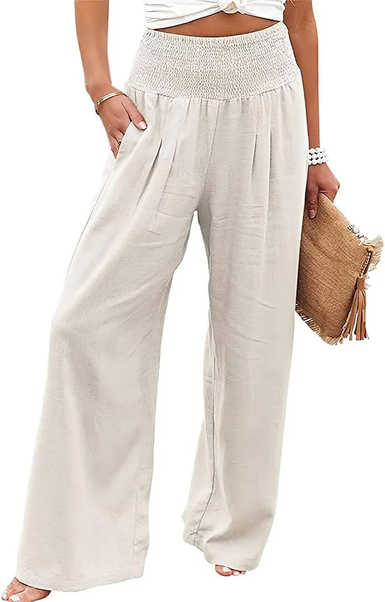 Womens Cotton Linen Pants Wide Leg High Waist Long Palazzo Trousers with Pocket