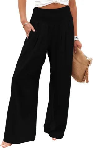 Womens Cotton Linen Pants Wide Leg High Waist Long Palazzo Trousers with Pocket