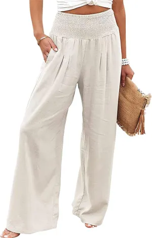Womens Cotton Linen Pants Wide Leg High Waist Long Palazzo Trousers with Pocket