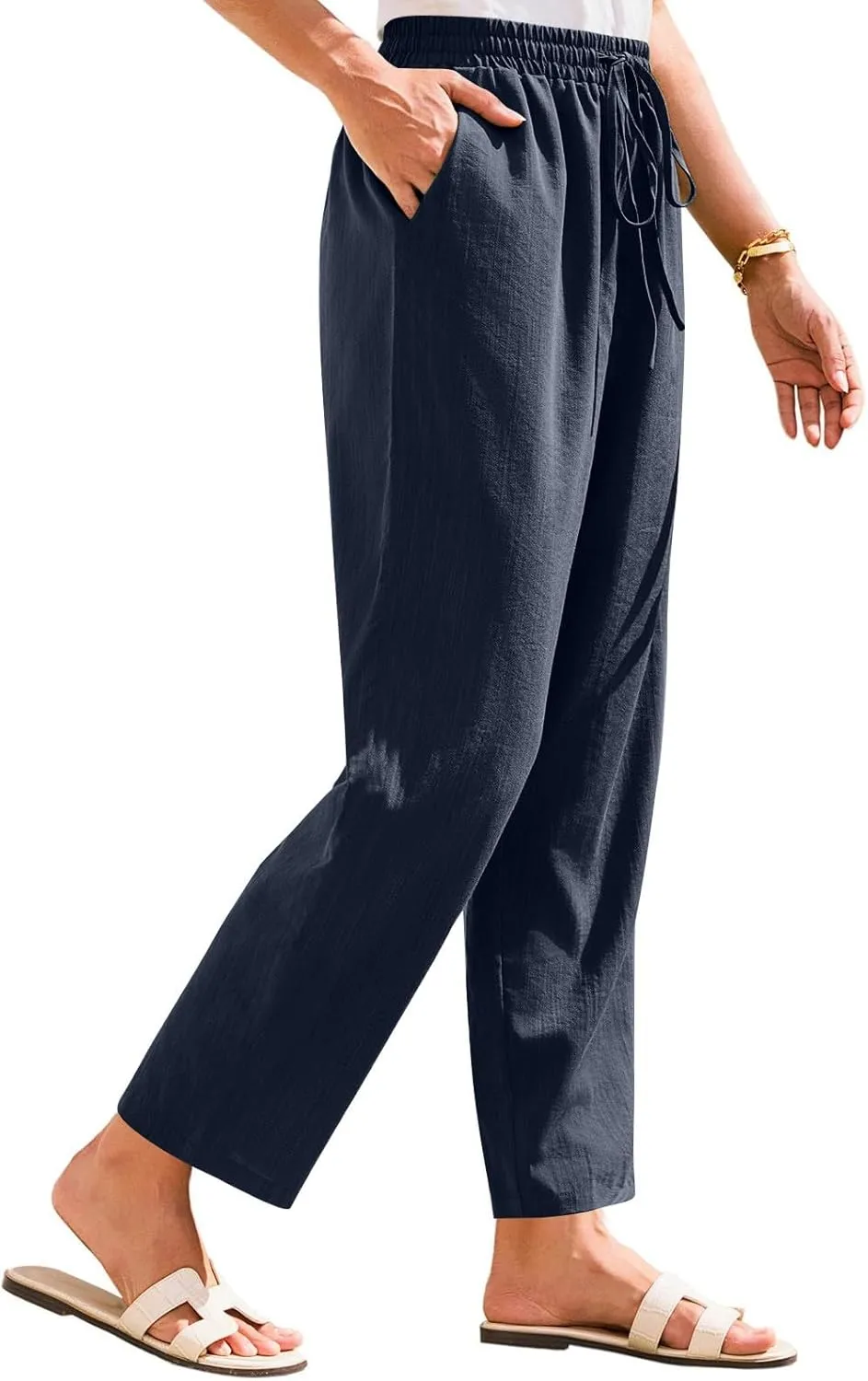 Women's Cotton Linen Straight Leg Pants Elastic Drawstring Trousers with Pockets Summer Beach Lounge Pants