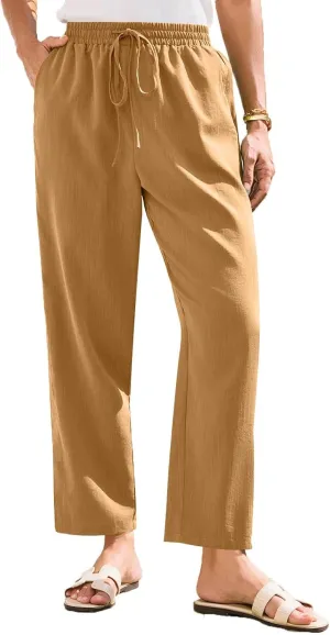 Women's Cotton Linen Straight Leg Pants Elastic Drawstring Trousers with Pockets Summer Beach Lounge Pants