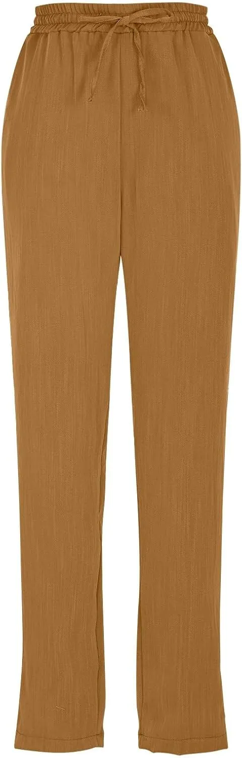 Women's Cotton Linen Straight Leg Pants Elastic Drawstring Trousers with Pockets Summer Beach Lounge Pants