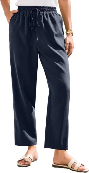 Women's Cotton Linen Straight Leg Pants Elastic Drawstring Trousers with Pockets Summer Beach Lounge Pants