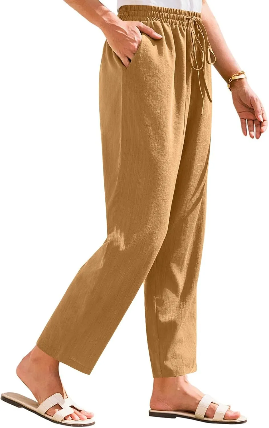 Women's Cotton Linen Straight Leg Pants Elastic Drawstring Trousers with Pockets Summer Beach Lounge Pants