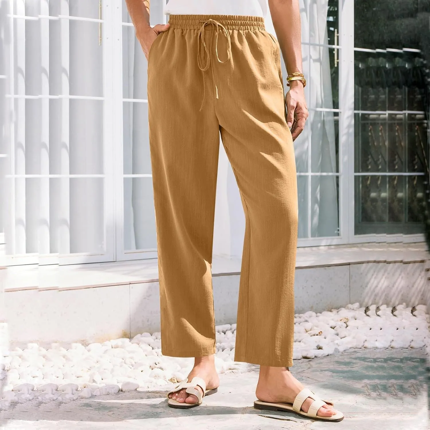 Women's Cotton Linen Straight Leg Pants Elastic Drawstring Trousers with Pockets Summer Beach Lounge Pants