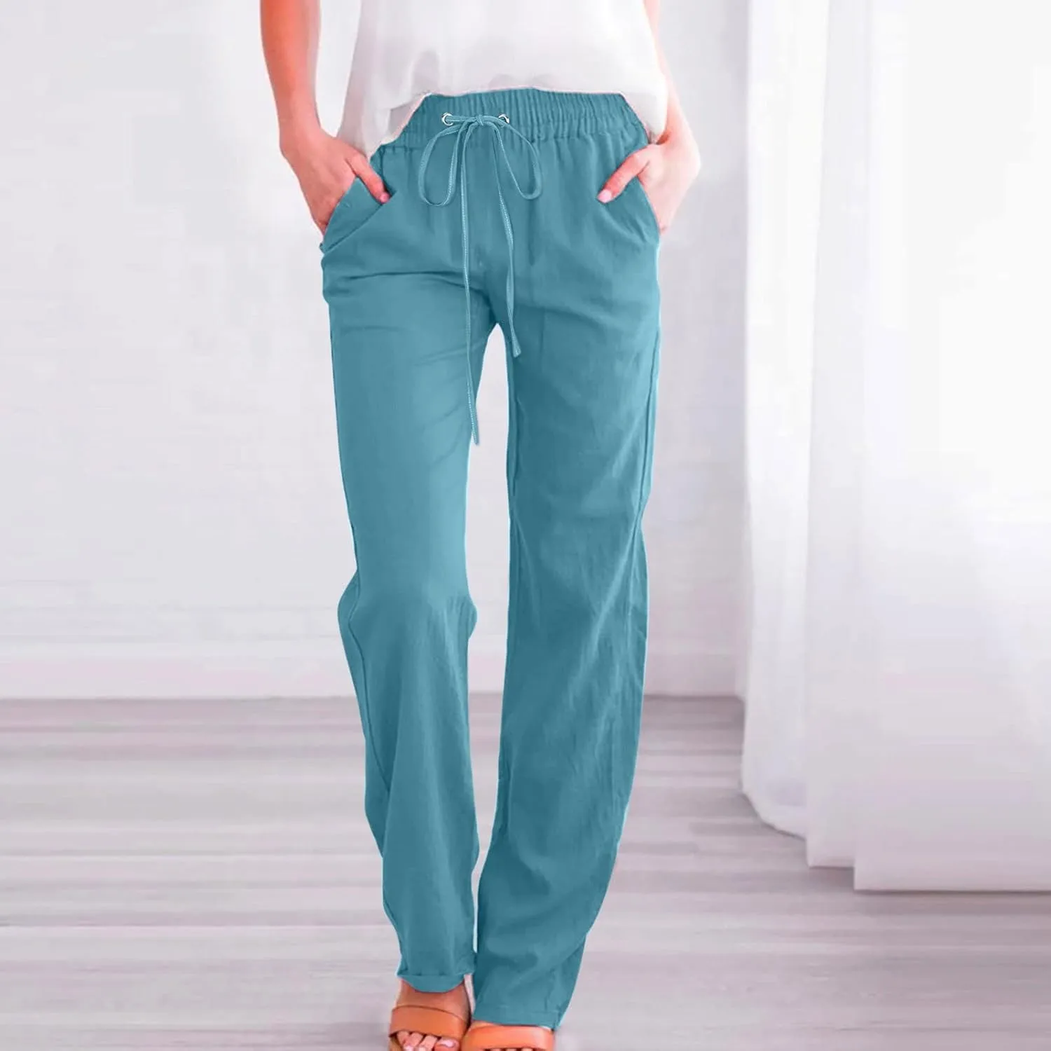 Women's Cotton Linen Summer Baggy Palazzo Lounge Pants Low Waist Wide Leg Plus Size Palazzo Pants Office
