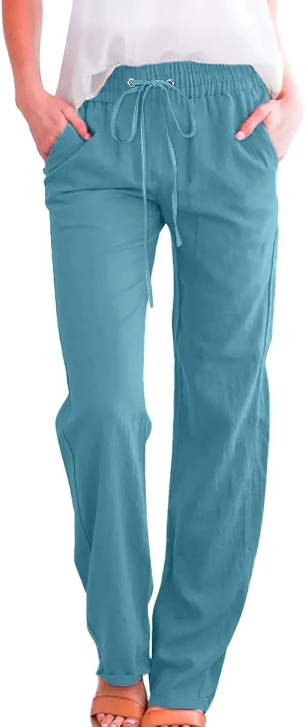 Women's Cotton Linen Summer Baggy Palazzo Lounge Pants Low Waist Wide Leg Plus Size Palazzo Pants Office