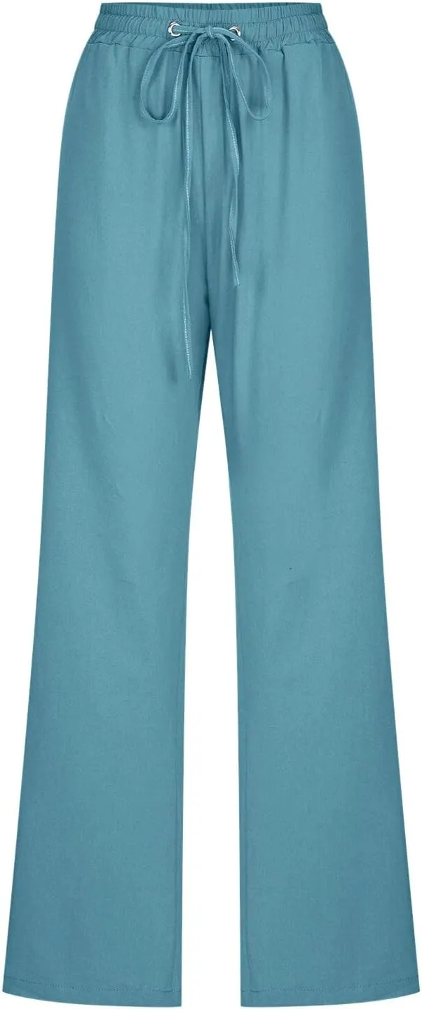 Women's Cotton Linen Summer Baggy Palazzo Lounge Pants Low Waist Wide Leg Plus Size Palazzo Pants Office