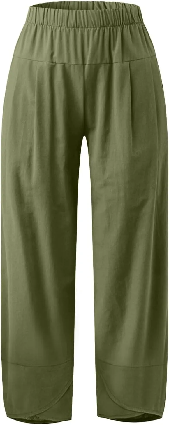 Womens Cotton Linen Summer Boho Pants Low Waist Stretchy Straight Slim-Fit Pant Trousers Business Work