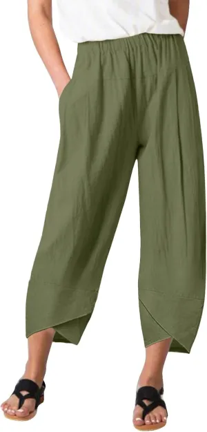 Womens Cotton Linen Summer Boho Pants Low Waist Stretchy Straight Slim-Fit Pant Trousers Business Work