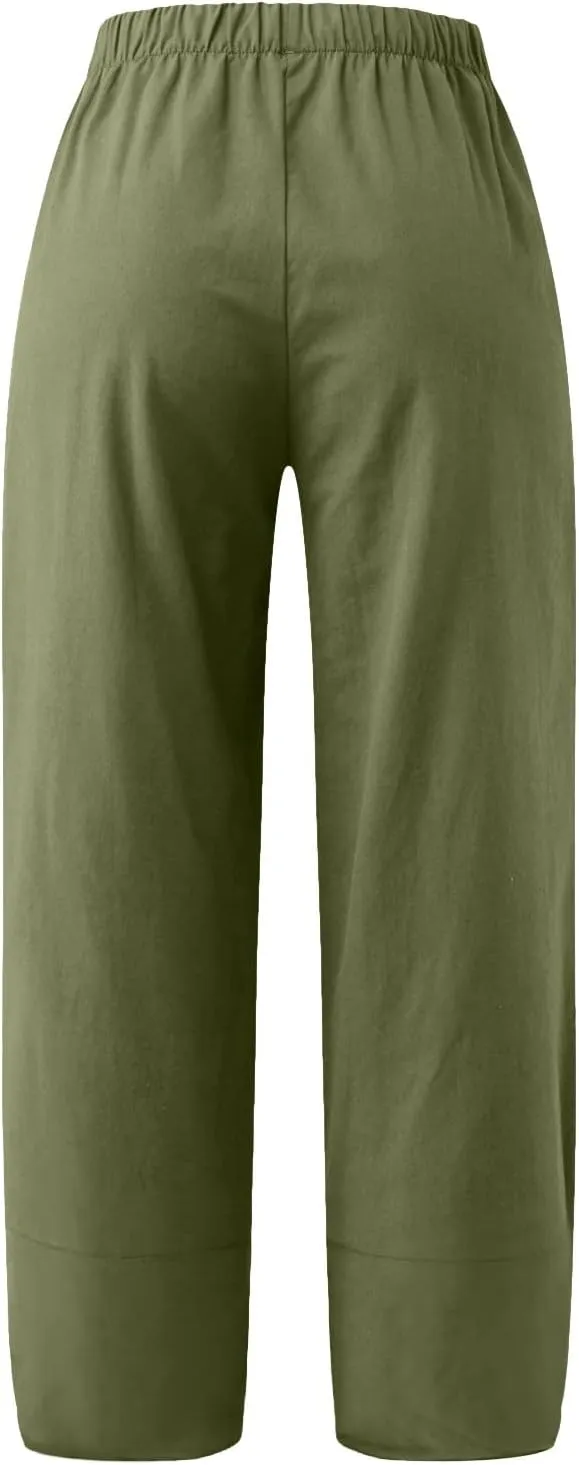 Womens Cotton Linen Summer Boho Pants Low Waist Stretchy Straight Slim-Fit Pant Trousers Business Work