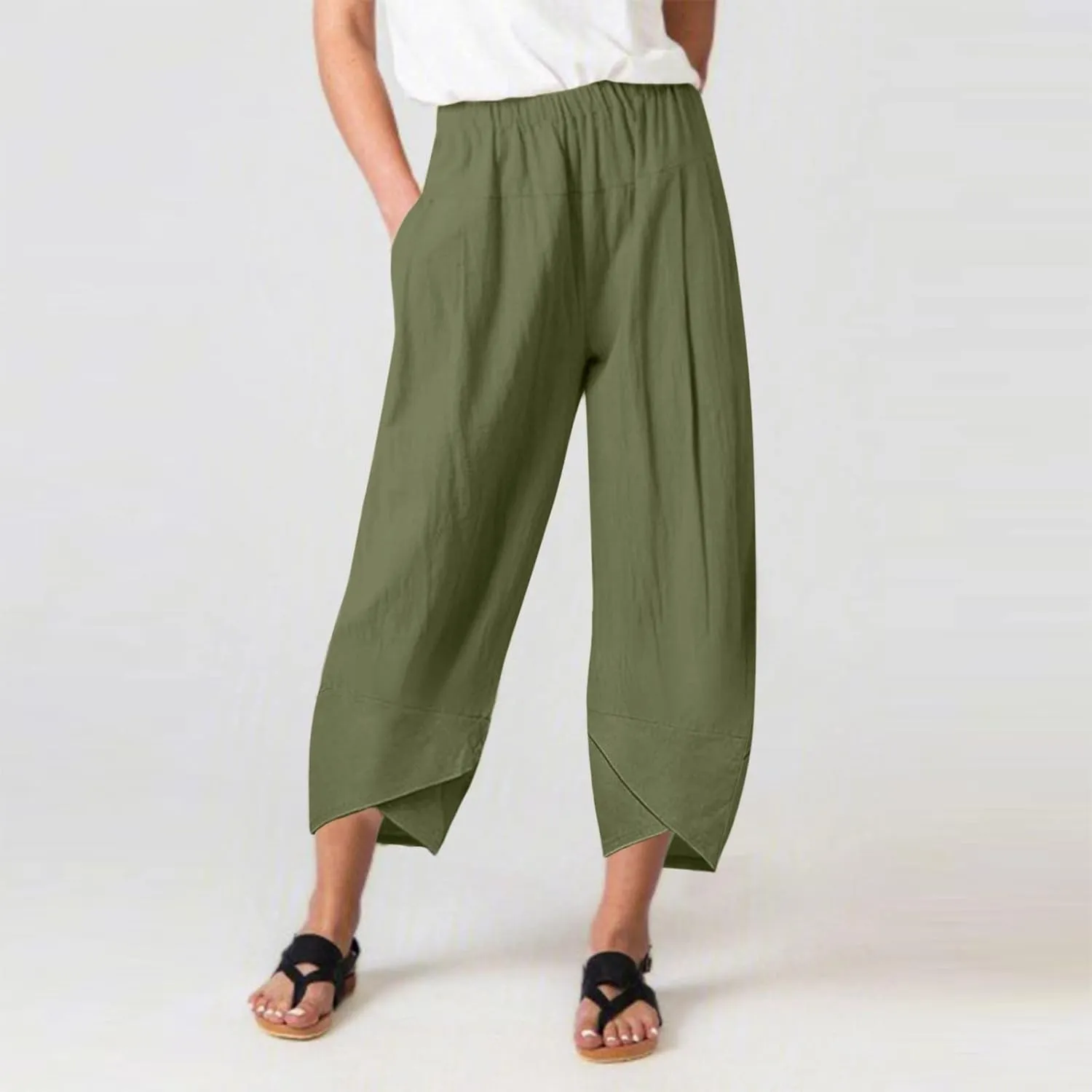 Womens Cotton Linen Summer Boho Pants Low Waist Stretchy Straight Slim-Fit Pant Trousers Business Work