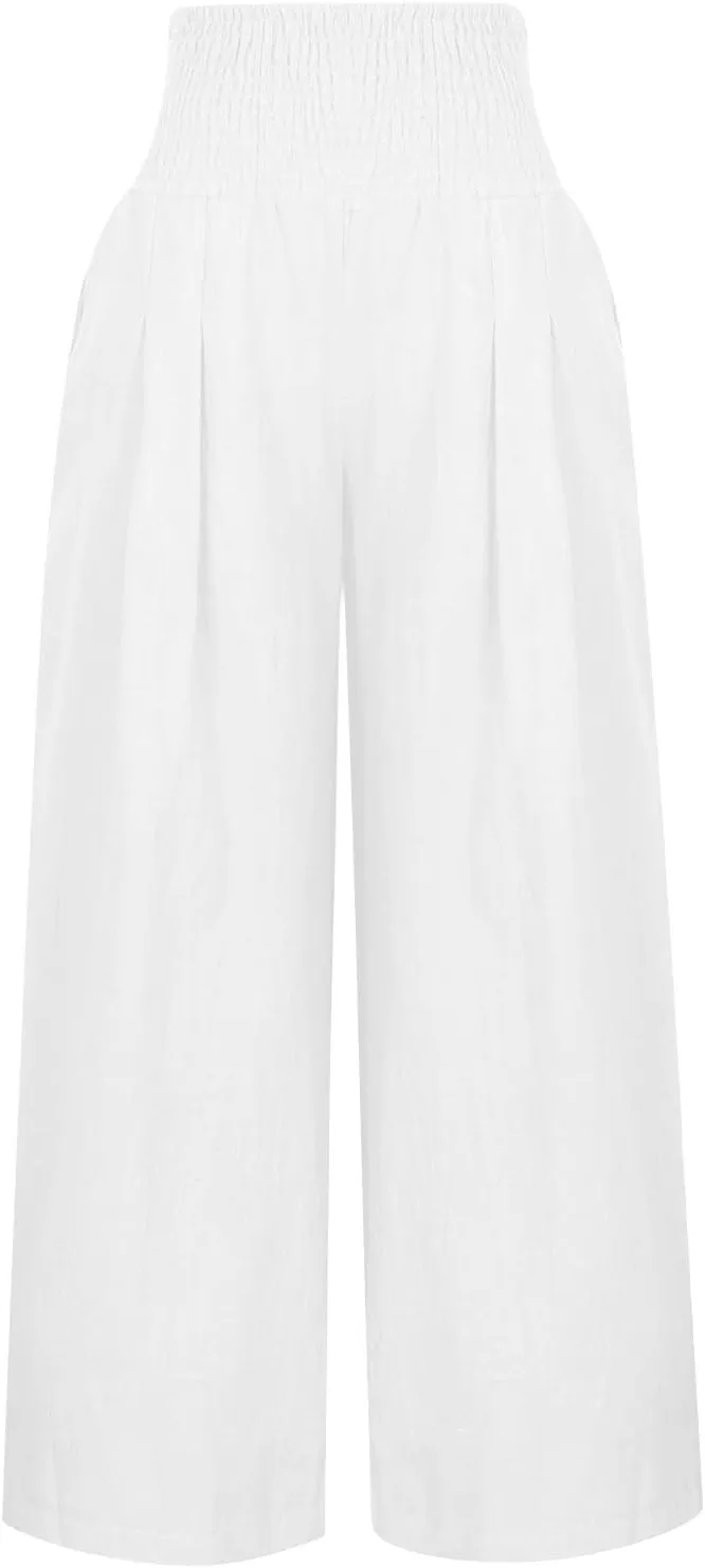 Womens Cotton Linen Summer Casual Loose Pants Elastic Waisted Long Lounge Slim Fit Palazzo Pants Trendy