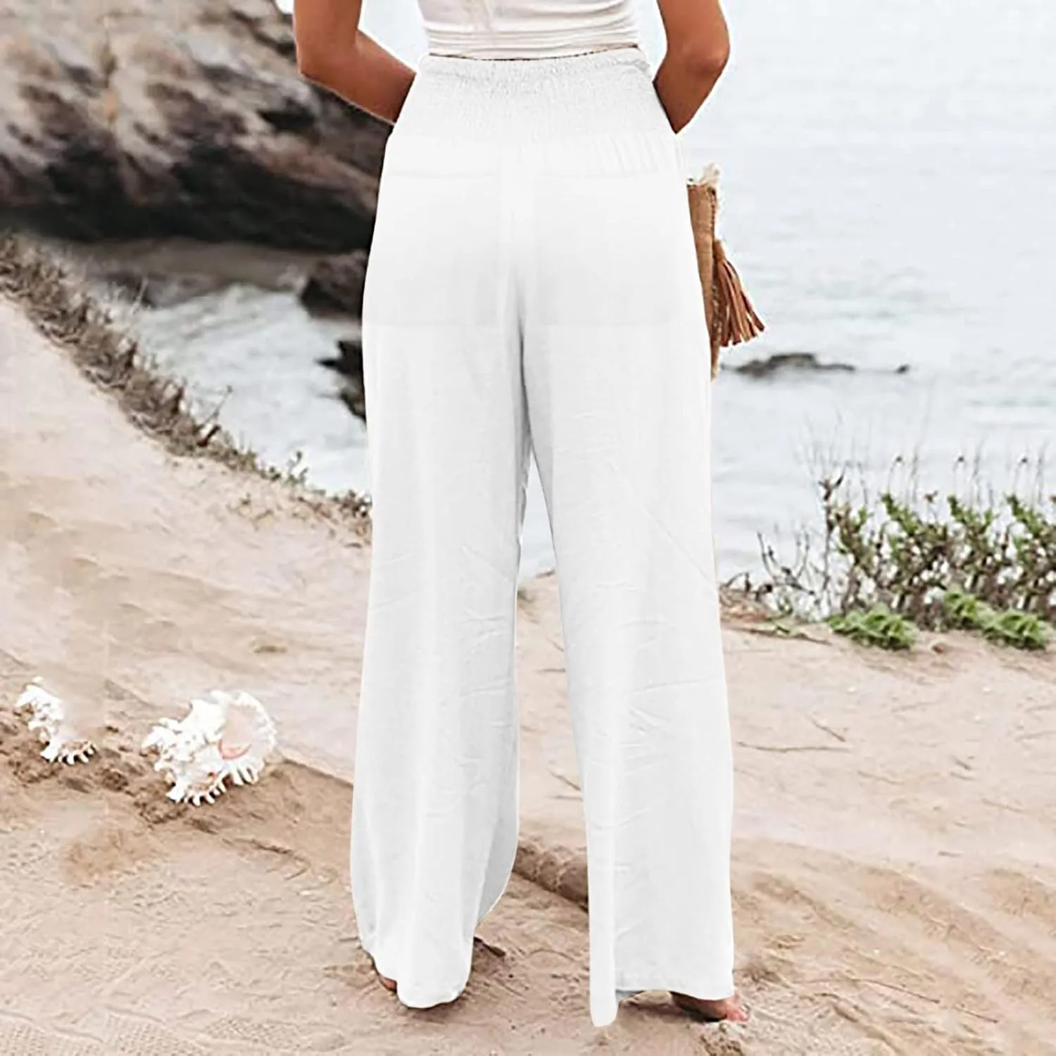 Womens Cotton Linen Summer Casual Loose Pants Elastic Waisted Long Lounge Slim Fit Palazzo Pants Trendy