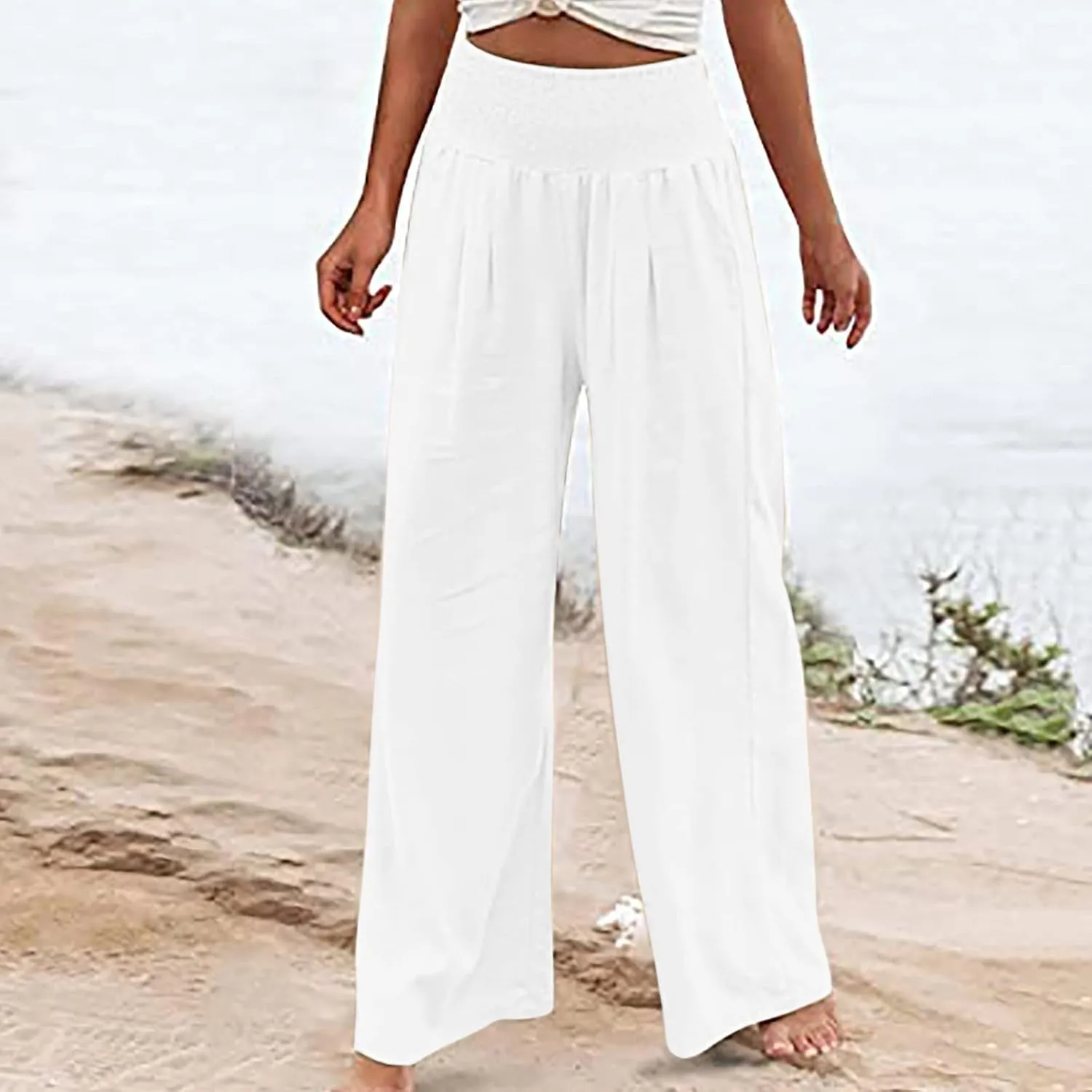 Womens Cotton Linen Summer Casual Loose Pants Elastic Waisted Long Lounge Slim Fit Palazzo Pants Trendy