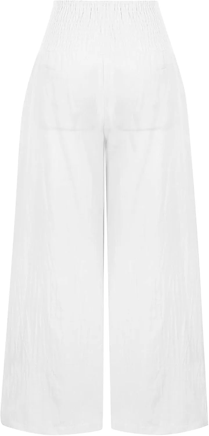 Womens Cotton Linen Summer Casual Loose Pants Elastic Waisted Long Lounge Slim Fit Palazzo Pants Trendy