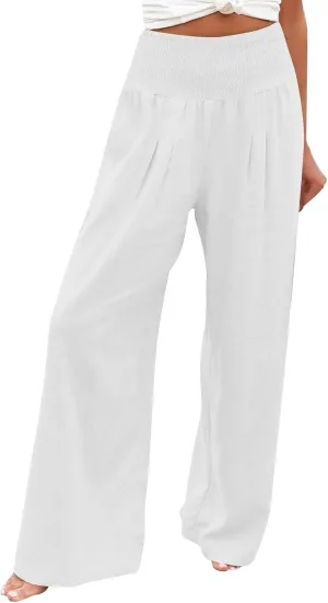 Womens Cotton Linen Summer Casual Loose Pants Elastic Waisted Long Lounge Slim Fit Palazzo Pants Trendy