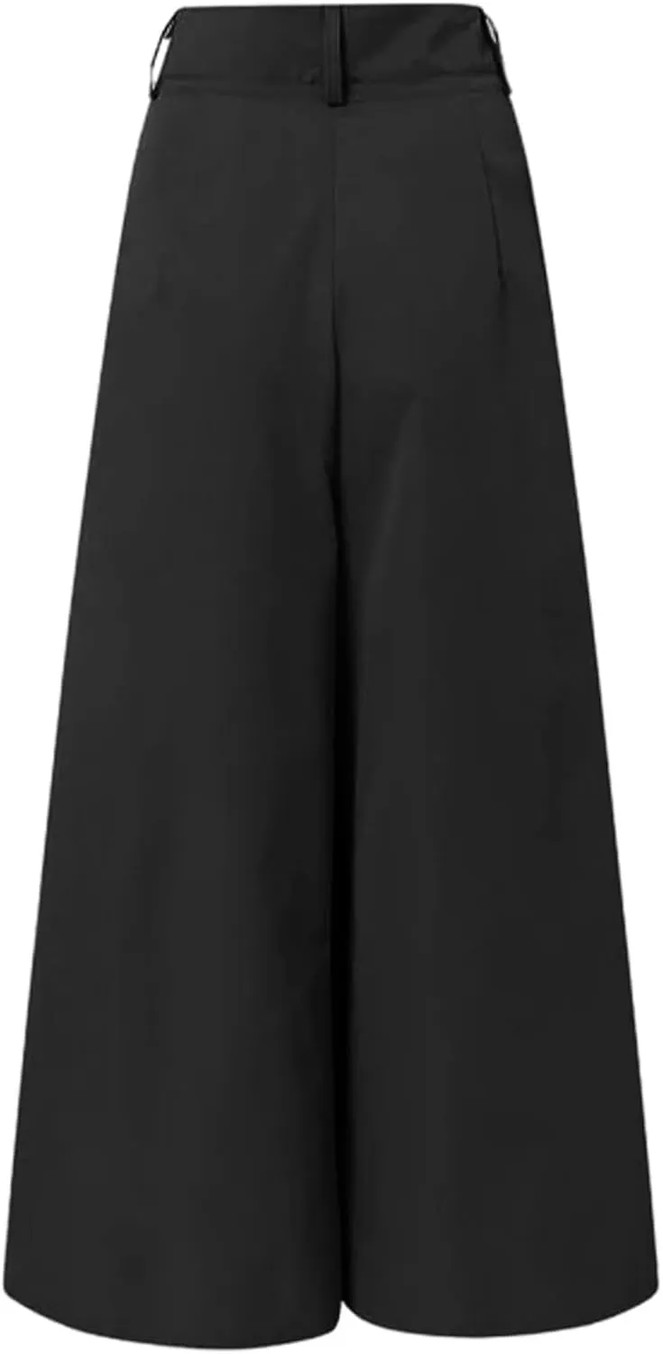 Womens Cotton Linen Summer Letter Patched Palazzo Pants High Waist Straight Slim Fit Trouser Business Work