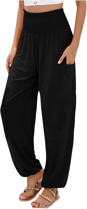 Women's Cotton Linen Summer Loose Palazzo Pants High Waist Baggy Stretchy Plus Size Palazzo Pants Beach