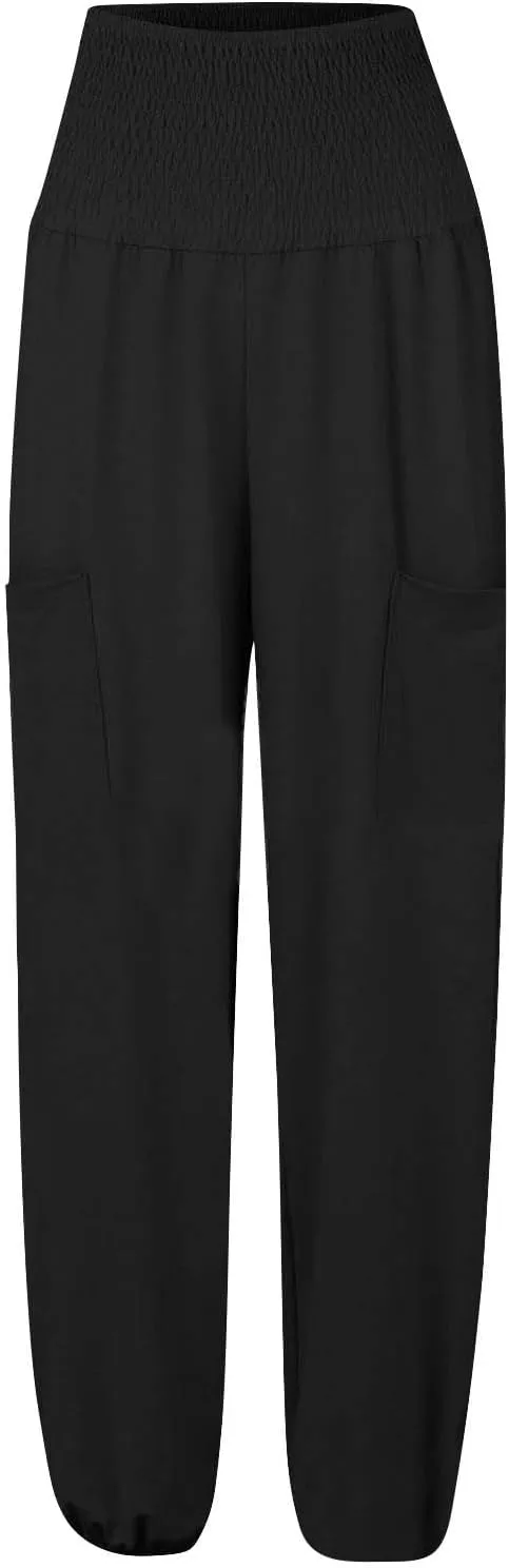 Women's Cotton Linen Summer Loose Palazzo Pants High Waist Baggy Stretchy Plus Size Palazzo Pants Beach