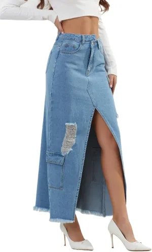 Womens Denim Skirt Elastic High Waist Split Front Frayed A-Line Sexy Cargo Maxi Jean Skirt with Pockets
