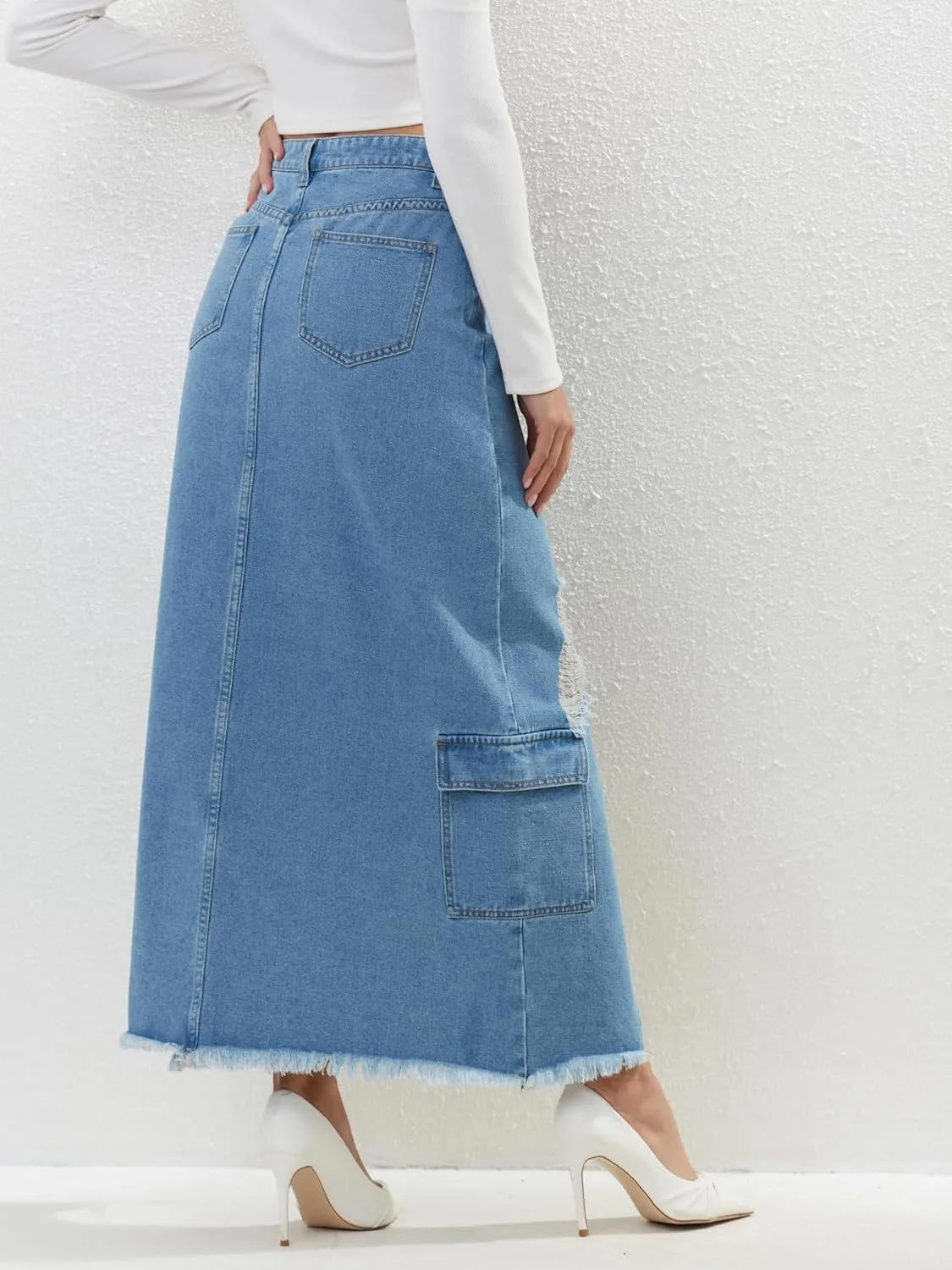 Womens Denim Skirt Elastic High Waist Split Front Frayed A-Line Sexy Cargo Maxi Jean Skirt with Pockets
