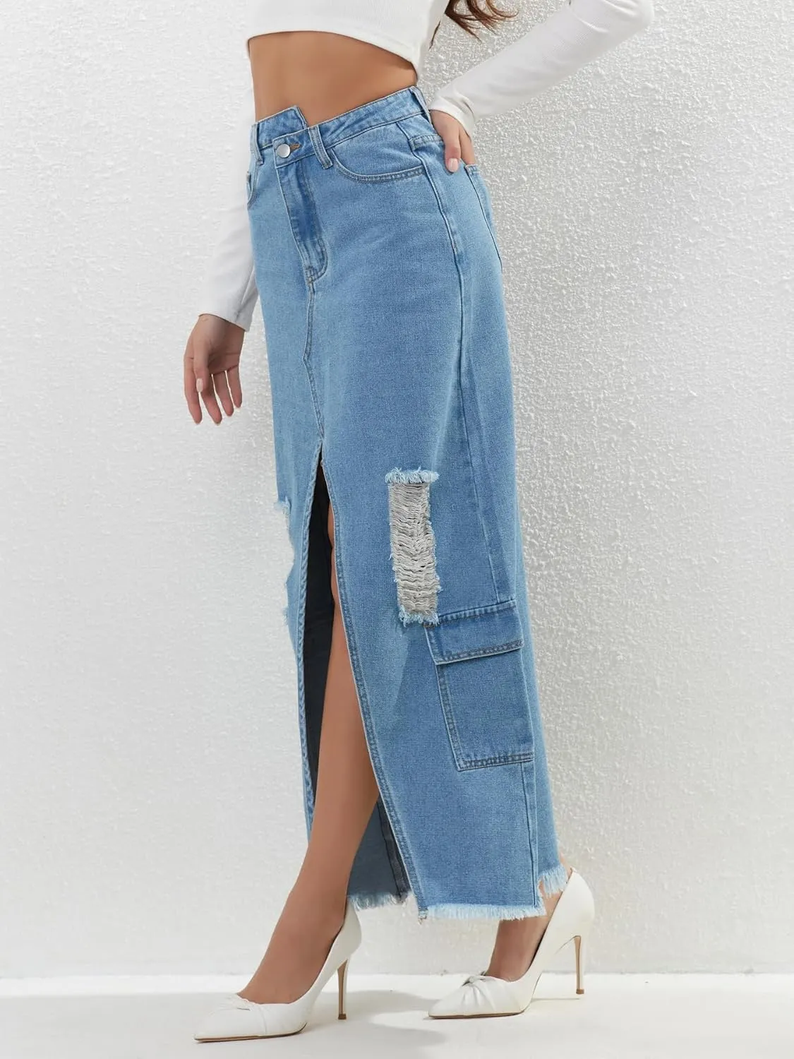 Womens Denim Skirt Elastic High Waist Split Front Frayed A-Line Sexy Cargo Maxi Jean Skirt with Pockets