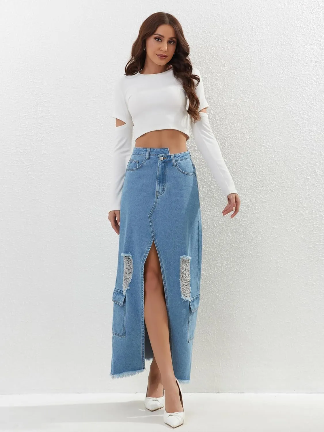 Womens Denim Skirt Elastic High Waist Split Front Frayed A-Line Sexy Cargo Maxi Jean Skirt with Pockets
