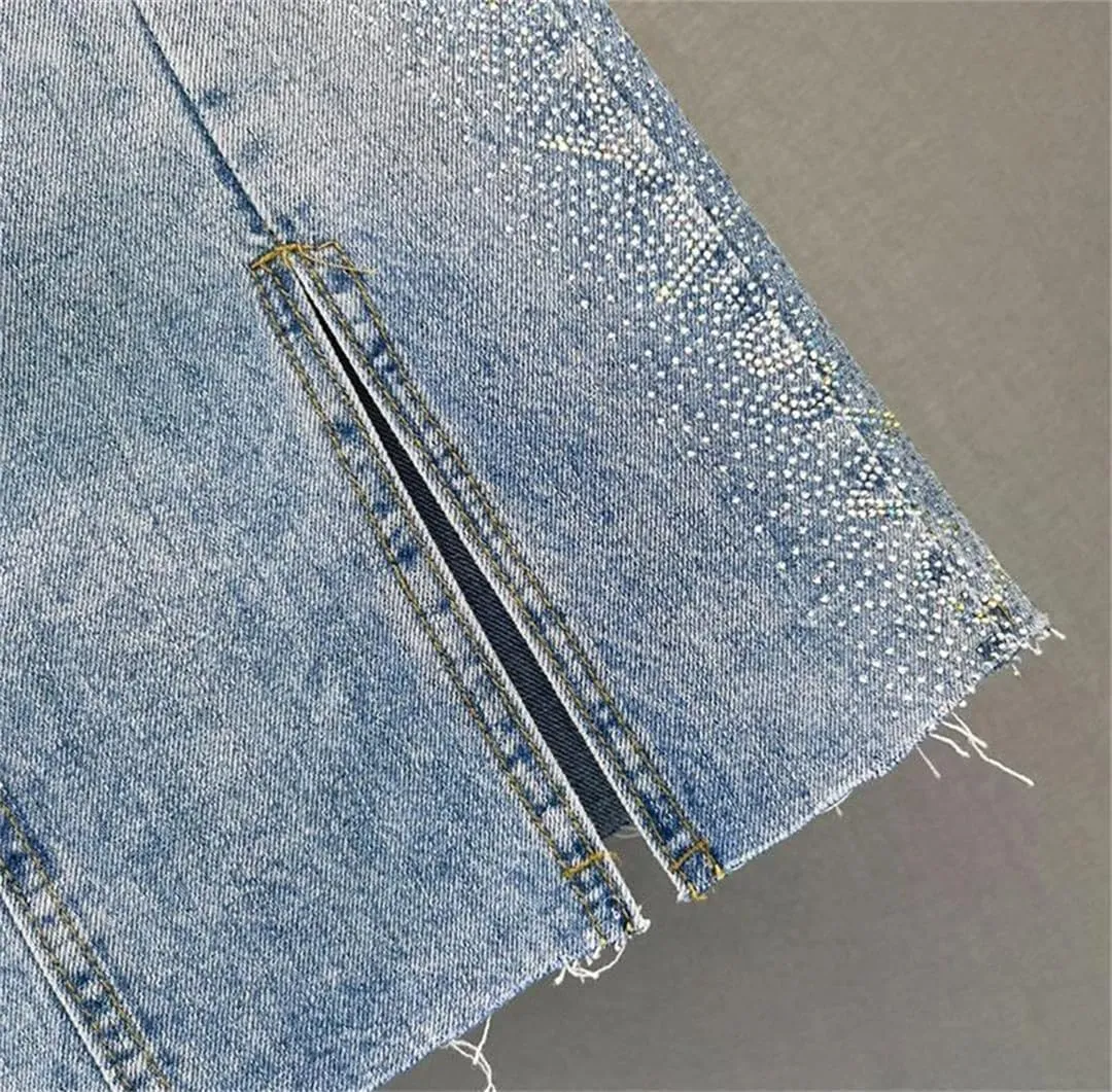 Women's Denim Skirt Hot Drill Midi with Slit Female Jeans Skirts Offer Aesthetic Elegant Skirts