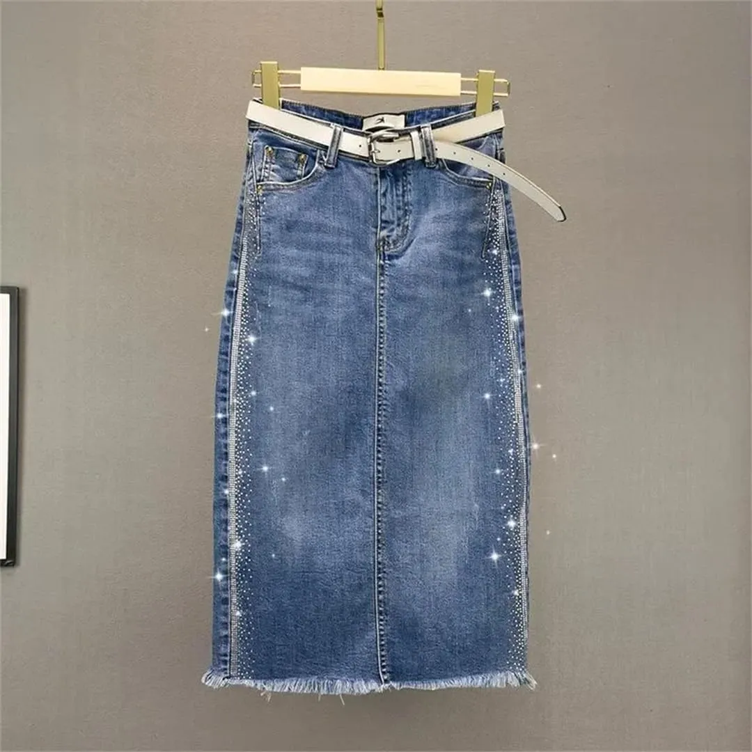 Women's Denim Skirt Hot Drill Midi with Slit Female Jeans Skirts Offer Aesthetic Elegant Skirts