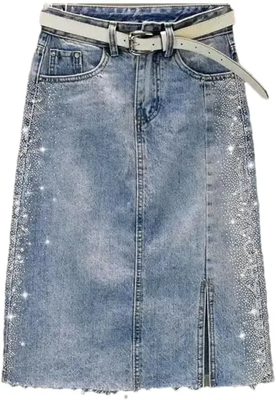 Women's Denim Skirt Hot Drill Midi with Slit Female Jeans Skirts Offer Aesthetic Elegant Skirts