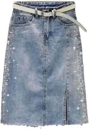 Women's Denim Skirt Hot Drill Midi with Slit Female Jeans Skirts Offer Aesthetic Elegant Skirts