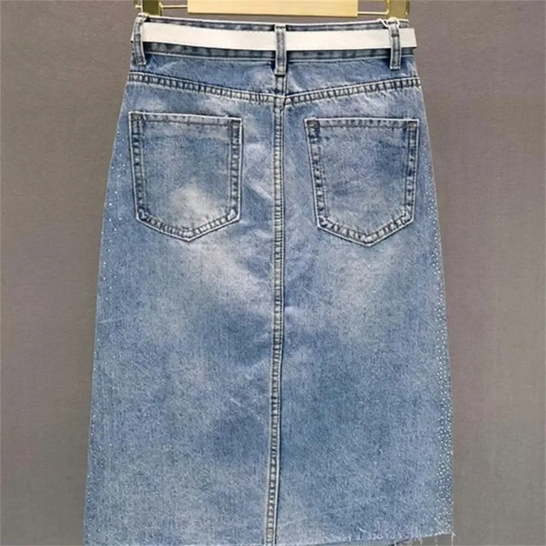 Women's Denim Skirt Hot Drill Midi with Slit Female Jeans Skirts Offer Aesthetic Elegant Skirts