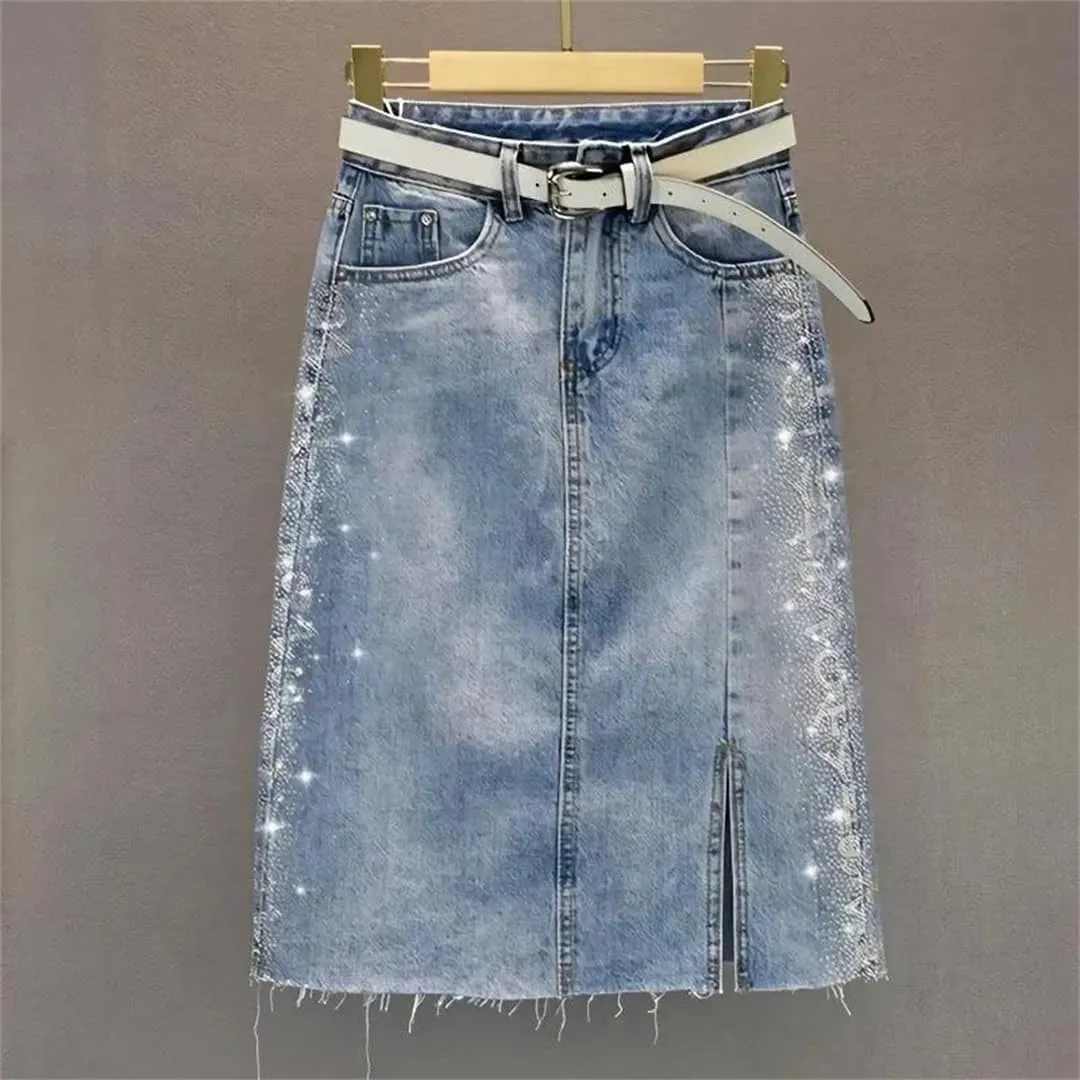 Women's Denim Skirt Hot Drill Midi with Slit Female Jeans Skirts Offer Aesthetic Elegant Skirts