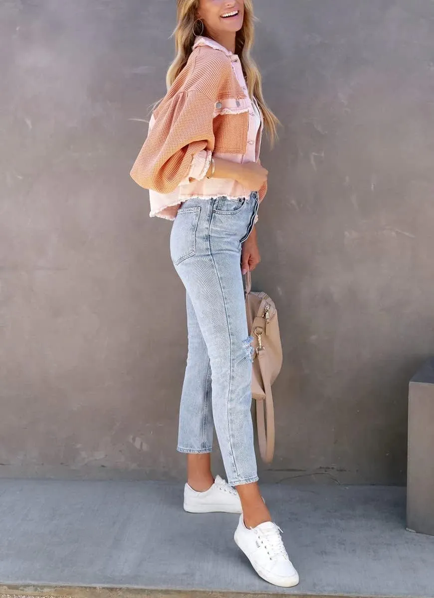 Women's Denim Spliced Waffle Knit Cropped Jacket Button Down Boyfriend Shirt Shacket Tops