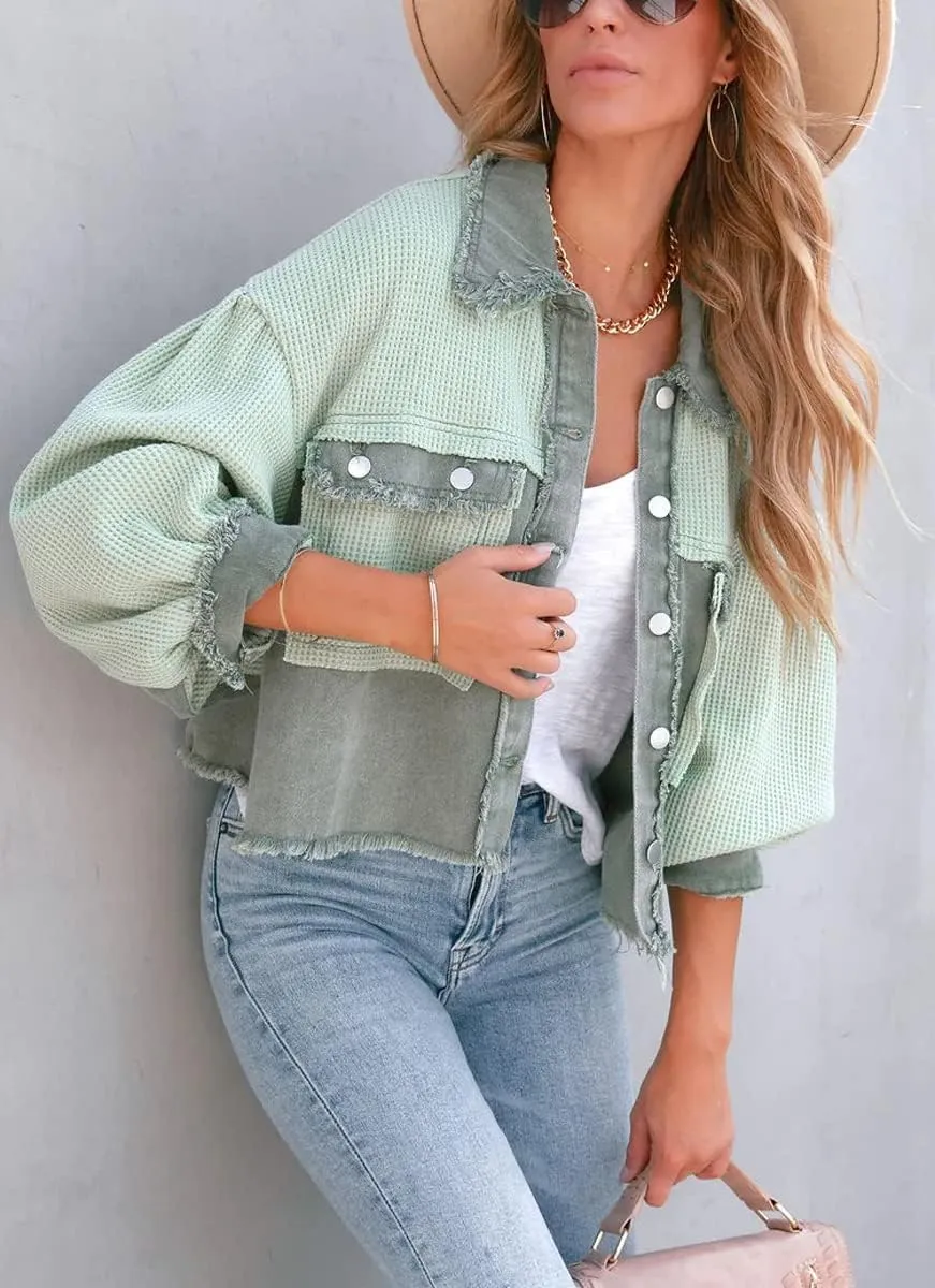 Women's Denim Spliced Waffle Knit Cropped Jacket Button Down Boyfriend Shirt Shacket Tops
