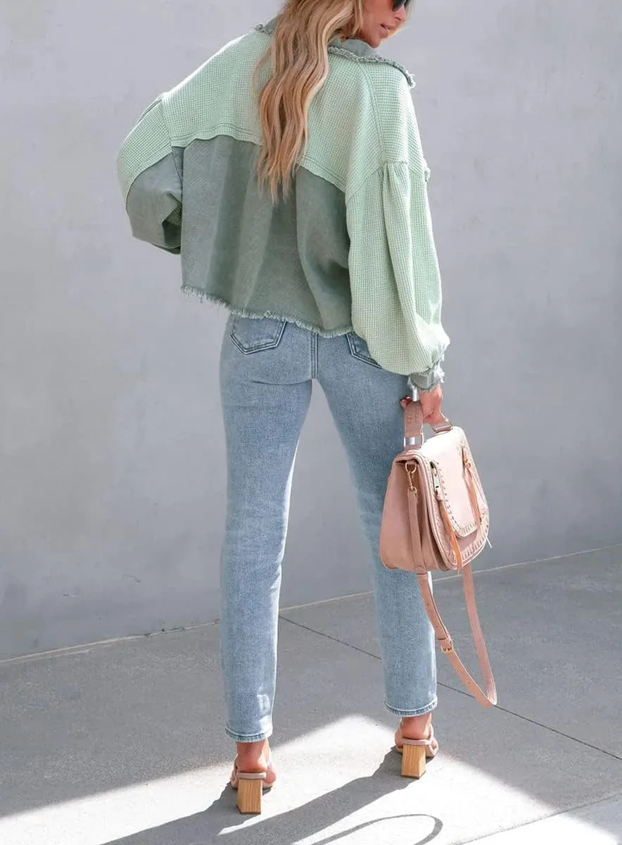 Women's Denim Spliced Waffle Knit Cropped Jacket Button Down Boyfriend Shirt Shacket Tops