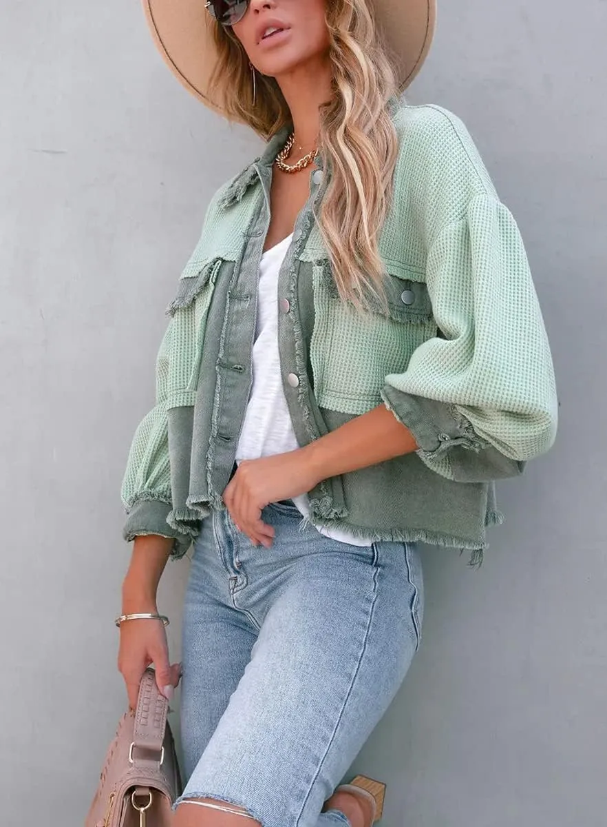 Women's Denim Spliced Waffle Knit Cropped Jacket Button Down Boyfriend Shirt Shacket Tops