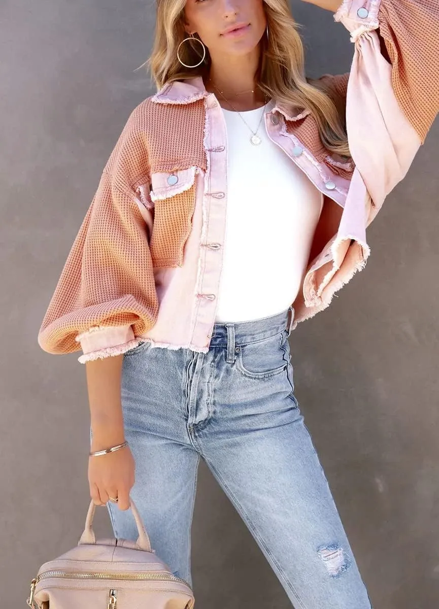 Women's Denim Spliced Waffle Knit Cropped Jacket Button Down Boyfriend Shirt Shacket Tops