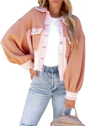 Women's Denim Spliced Waffle Knit Cropped Jacket Button Down Boyfriend Shirt Shacket Tops